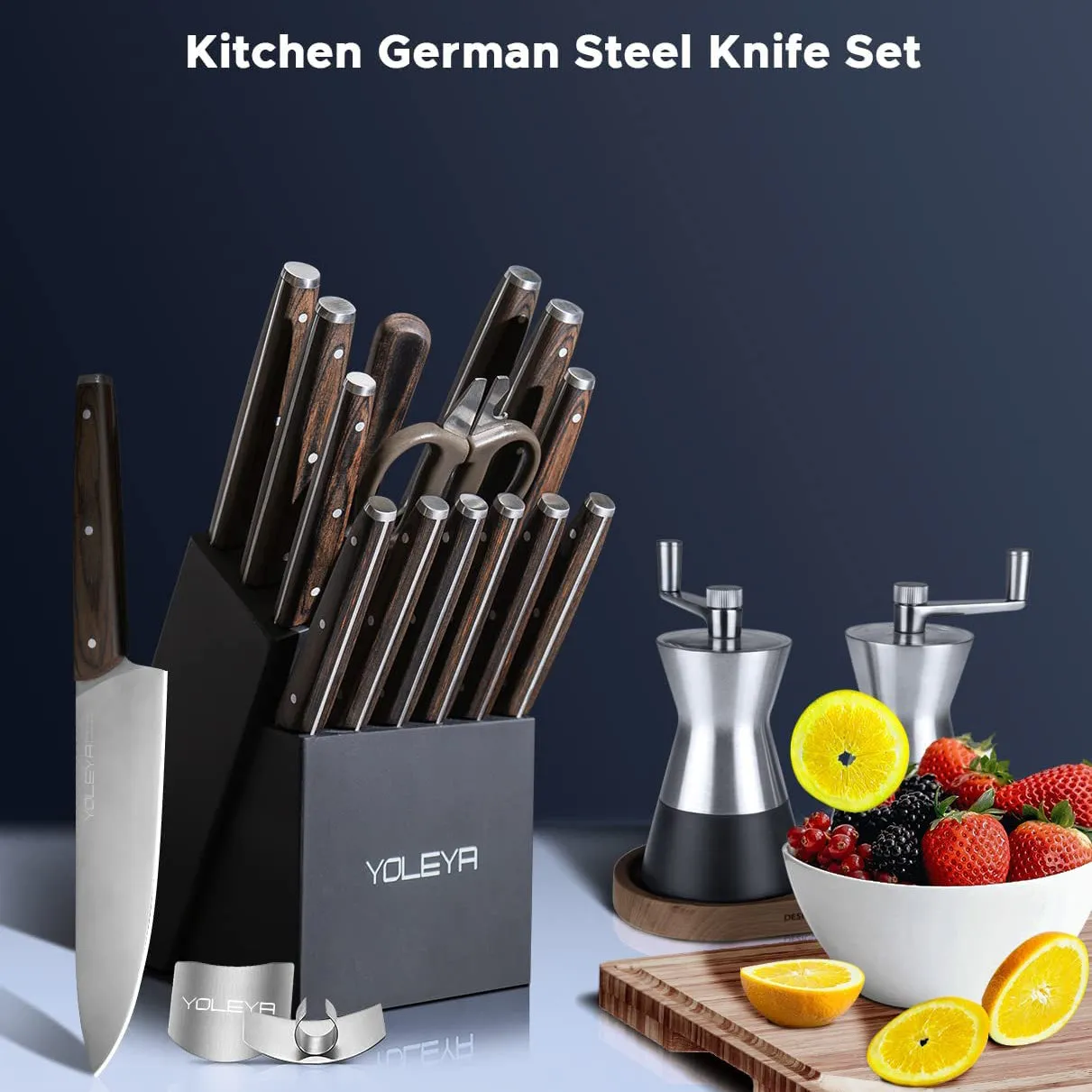 15-Pieces Set: YOLEYA Kitchen Knife Set with Block Wooden Triple Rivets