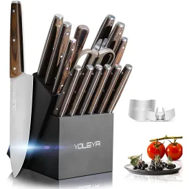 15-Pieces Set: YOLEYA Kitchen Knife Set with Block Wooden Triple Rivets