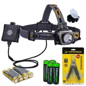 Fenix HP15 500 Lumen long throw LED Headlamp (Grey) with diffuser, genuine Leatherman Wingman Multi-tool 831426 and Four EdisonBright AA Alkaline batteries bundle