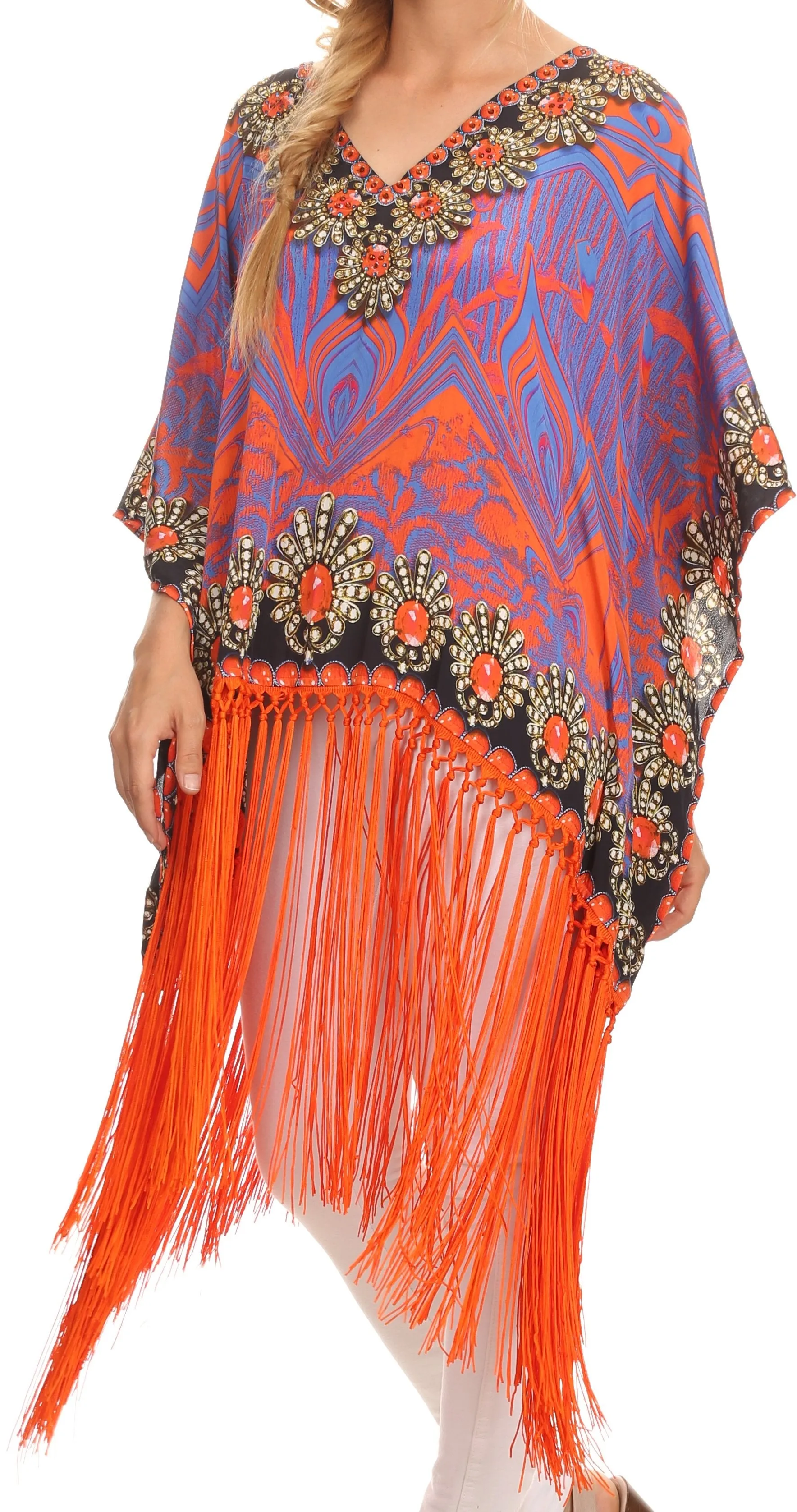 Sakkas Keagan Mid Length Poncho Blouse Shirt Top With Fringe And Tribal Print